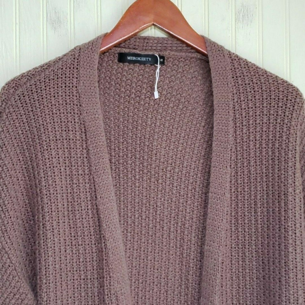 MEROKEETY Cardigan Sweater Womens Small Pink V Neck Open Front Pockets Knit